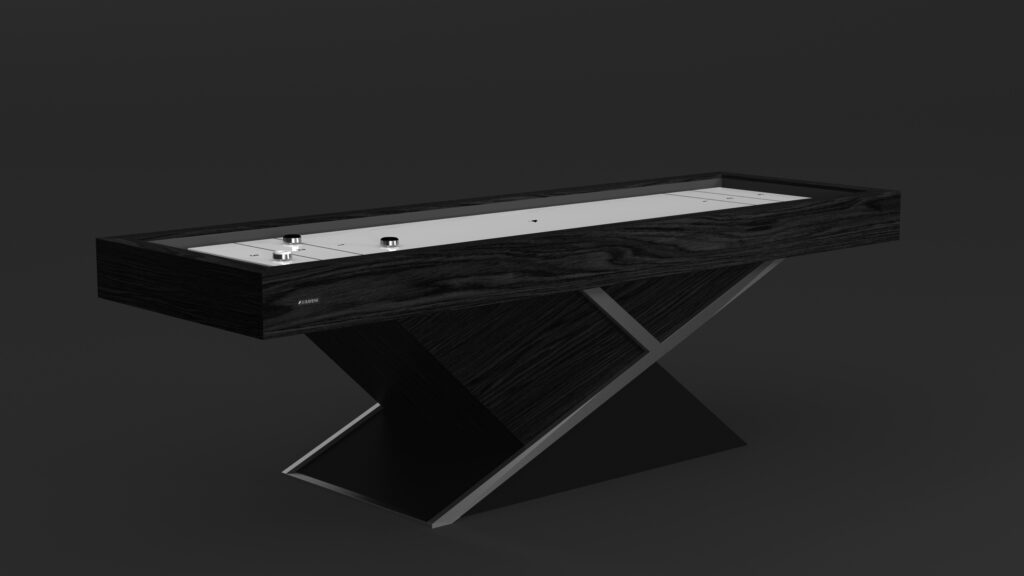 The Macan Shuffleboard Table features a sleek, modern design with a black wood finish and a minimalist aesthetic. Its luxury design includes a unique X-shaped base and smooth playing surface on a dark background for an elegant vibe.