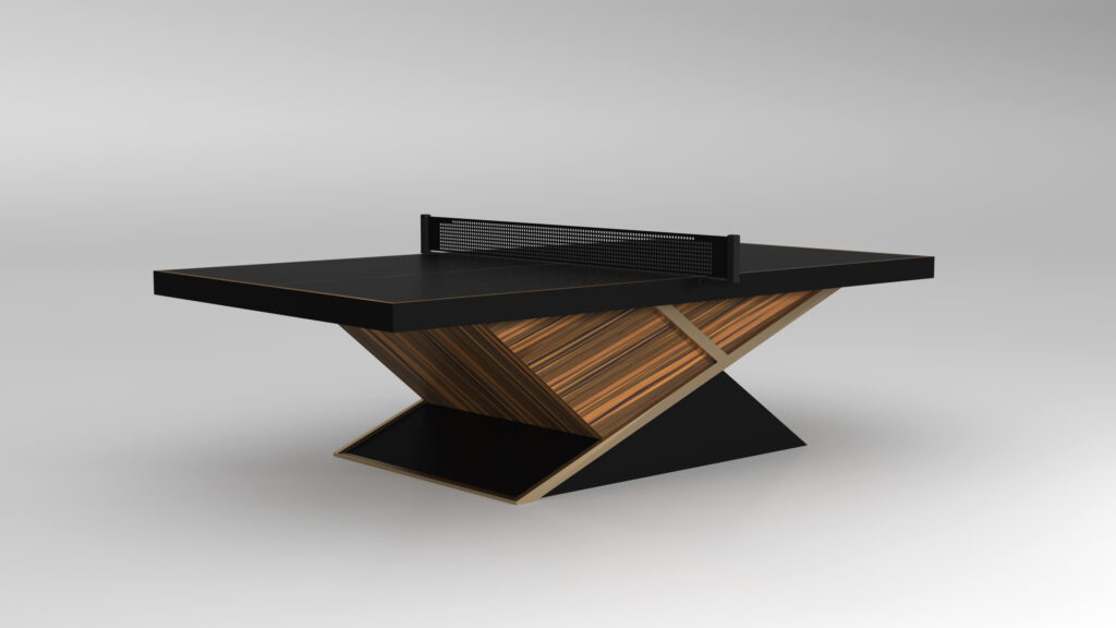 The Macan Ping Pong Table is a modern luxury game setup with a sleek black surface and geometric wooden base. Its minimalist design features a thin central net on a light gray background, adding an elegant touch to any space.