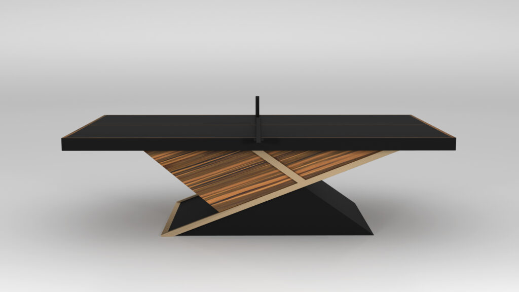 The Macan Ping Pong Table features a modern black top and an abstract geometric wooden base with angled lines, blending light and dark wood tones for a contemporary artistic flair ideal for sophisticated spaces.