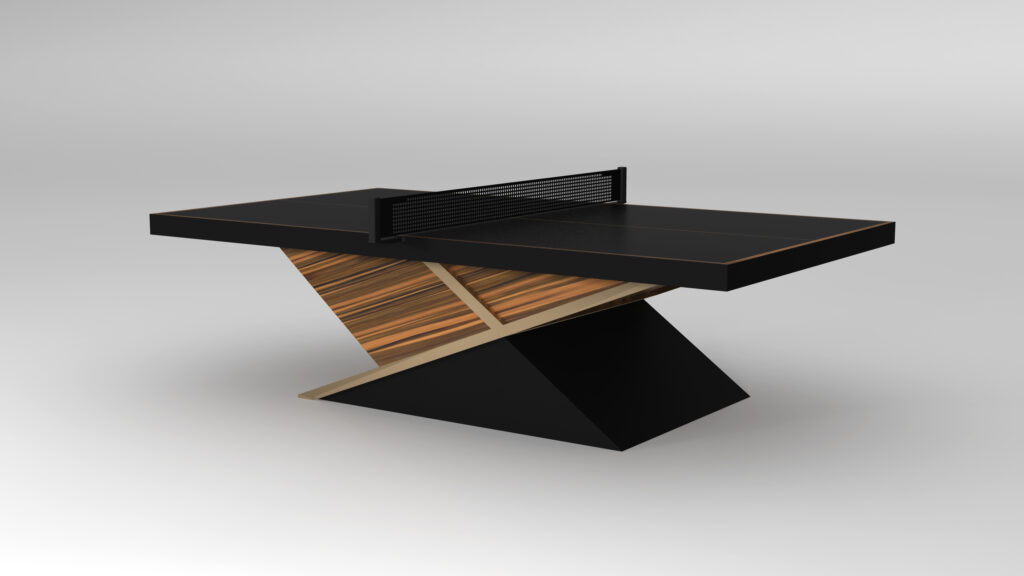 The Macan Ping Pong Table is a luxury game table with a modern geometric base, sleek black playing surface, and contrasting wood accents. It features a centrally placed net against a neutral gray background, combining style with functionality.