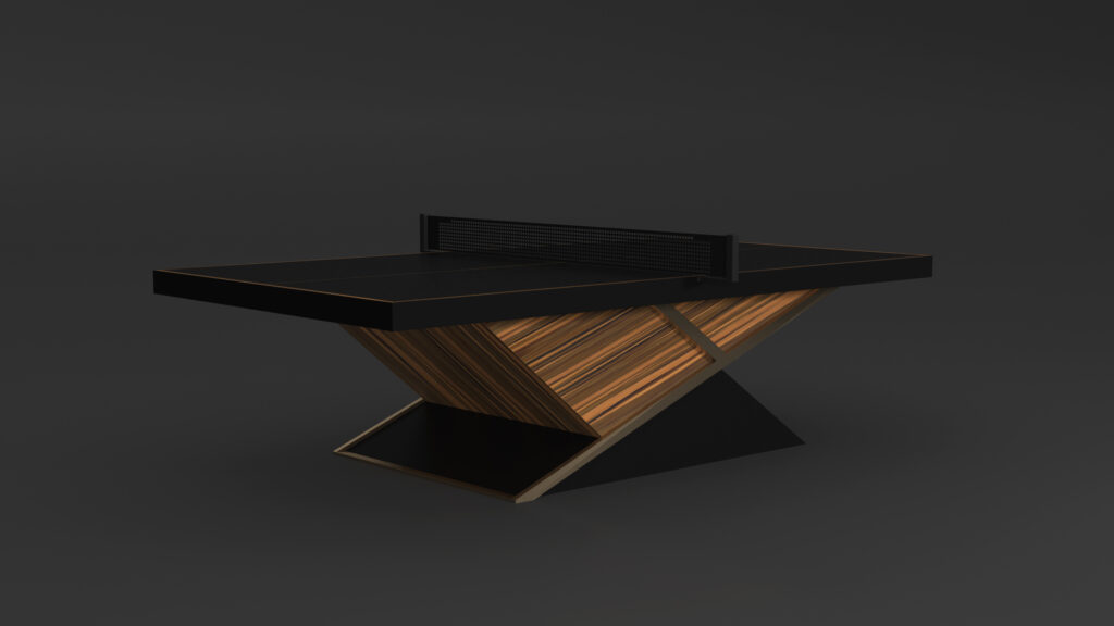 The Macan Ping Pong Table is a sleek and modern luxury game table, featuring a black tabletop and minimalist net. Its base showcases a geometric design with wood and black accents, creating an elegant and stylish look against a dark background.