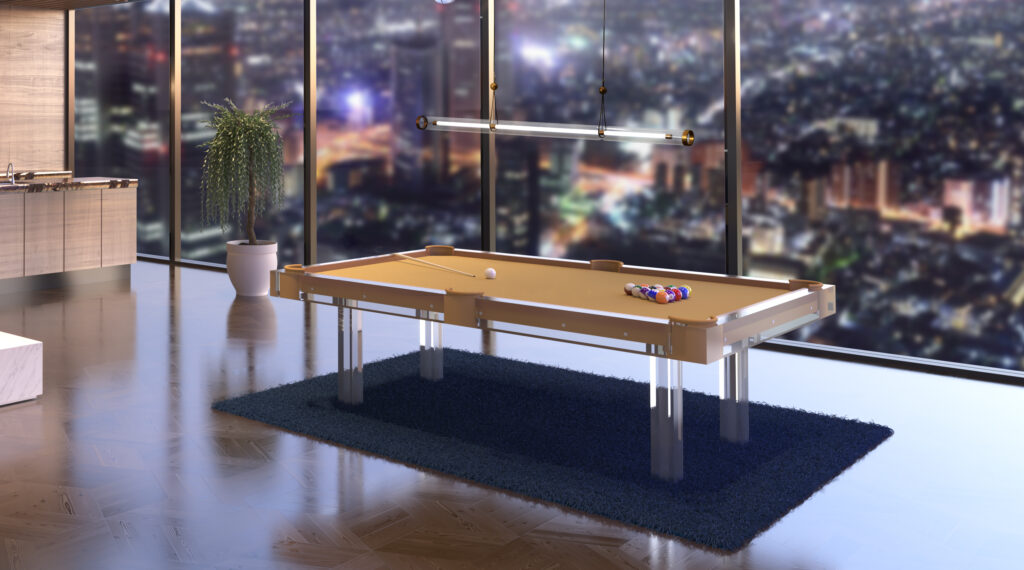A modern pool table, epitomizing luxury game tables, features a light tan cloth in a chic room with large windows showcasing city views. The Cenere Pendant Light hangs elegantly above, and a potted plant enhances the glossy floor beside it.