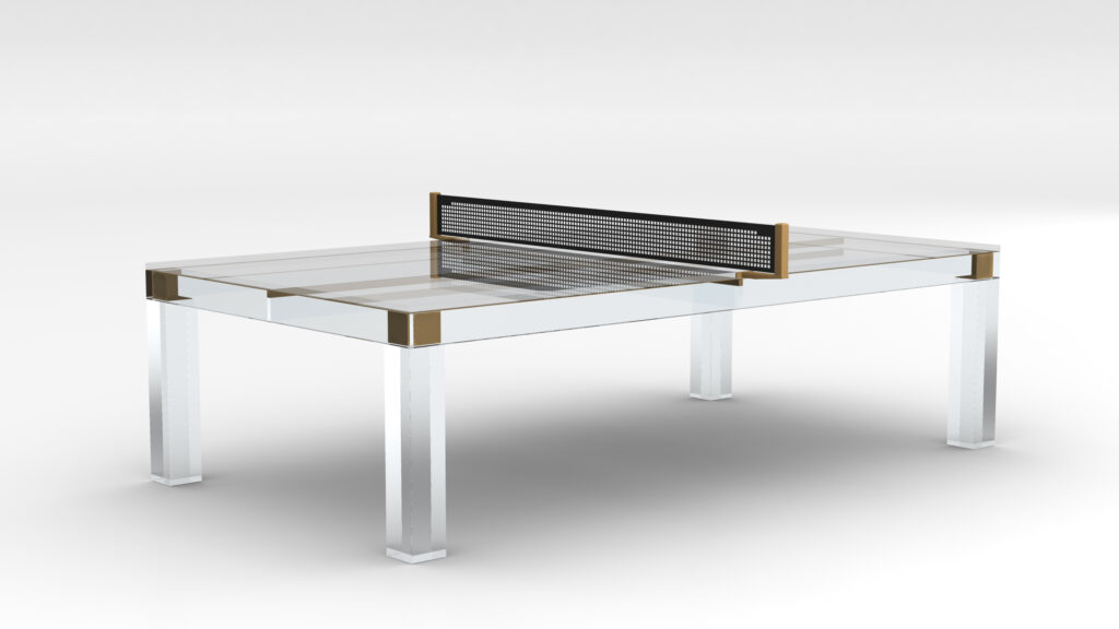 The Malibu Lucite Ping Pong Table is a modern luxury game table with a transparent glass surface, white legs, and a black net in the center.