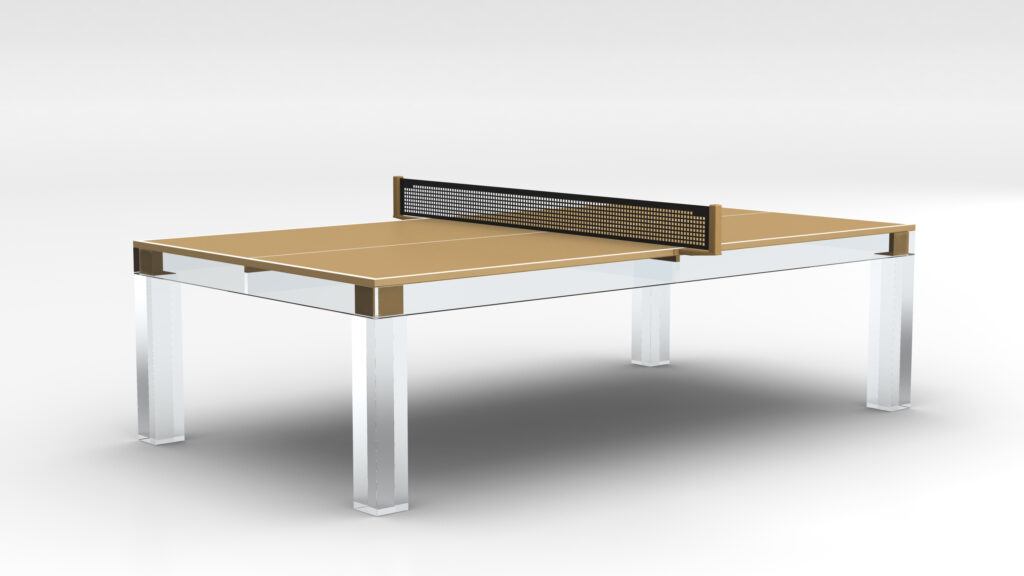 The Malibu Lucite Ping Pong Table features a gold playing surface, transparent glass legs, and a black net, all set against a plain white background.