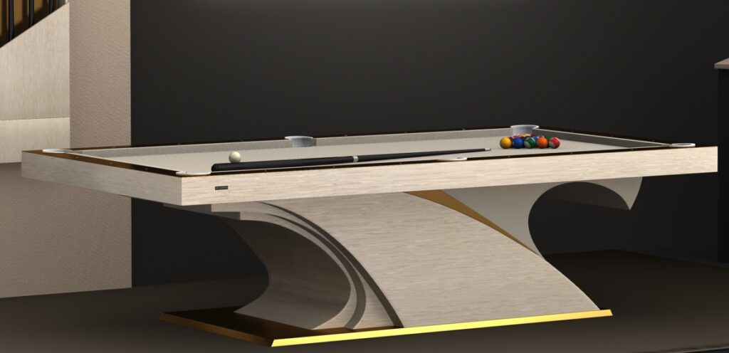 The 8 Poseidon Pool Table - Off The Floor boasts a sleek, curved base and a cream surface. It elegantly displays cues and racked balls against a dark backdrop, adding modern luxury and sophistication to any gaming room.