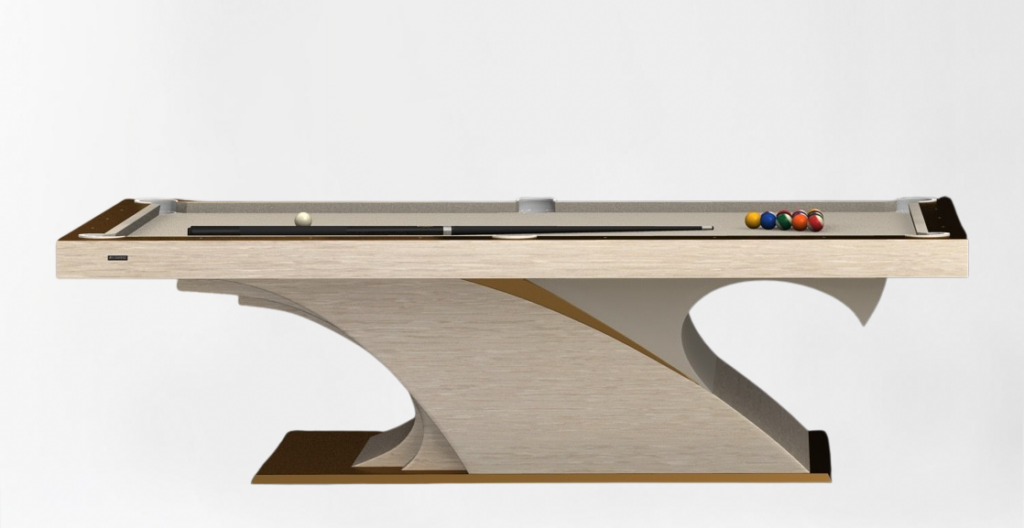 The 8 Poseidon Pool Table - Off The Floor is a luxury billiards table featuring a sleek wooden design with a curved base, showcasing cue sticks and billiard balls arranged in a triangle, set against a plain white backdrop for an elegant appearance.