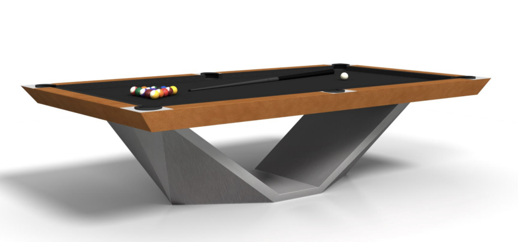 The 9 Stealth Pool Table - Off The Floor is a sleek, modern piece from the luxury game tables collection, featuring a wooden frame with a grey angular base. The black tabletop displays racked colorful balls, a cue stick, and a white cue ball against a plain white background.