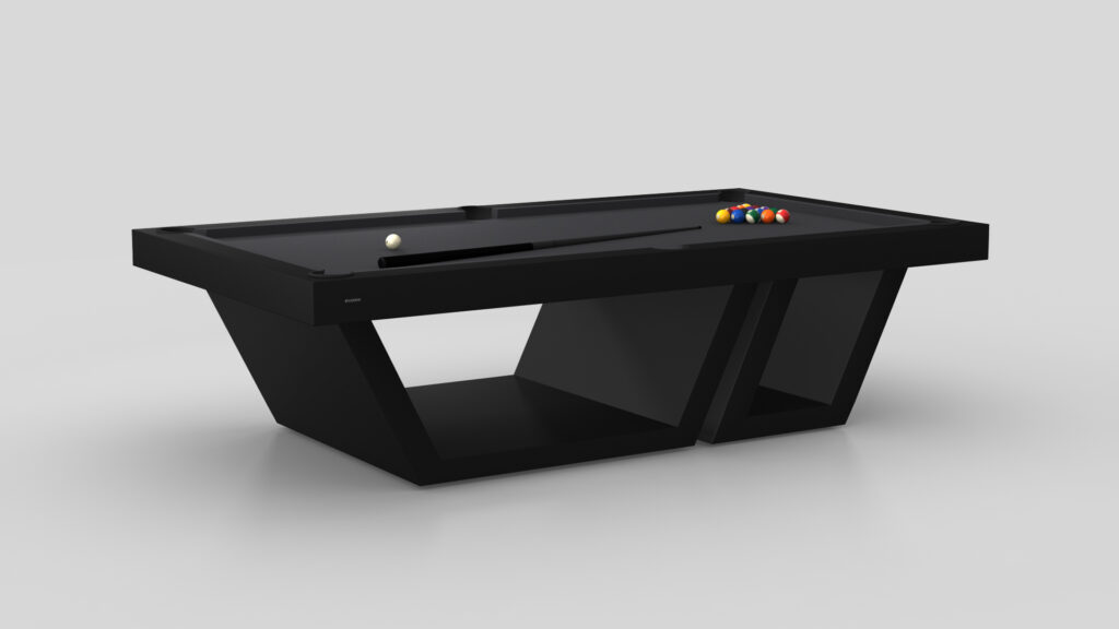 The Titan Pool Table - Quick Ship is a luxurious centerpiece in game rooms, boasting a sleek, modern design. It features a unique geometric base and a clean black playing surface with a cue ball and racked colored balls perfectly positioned.