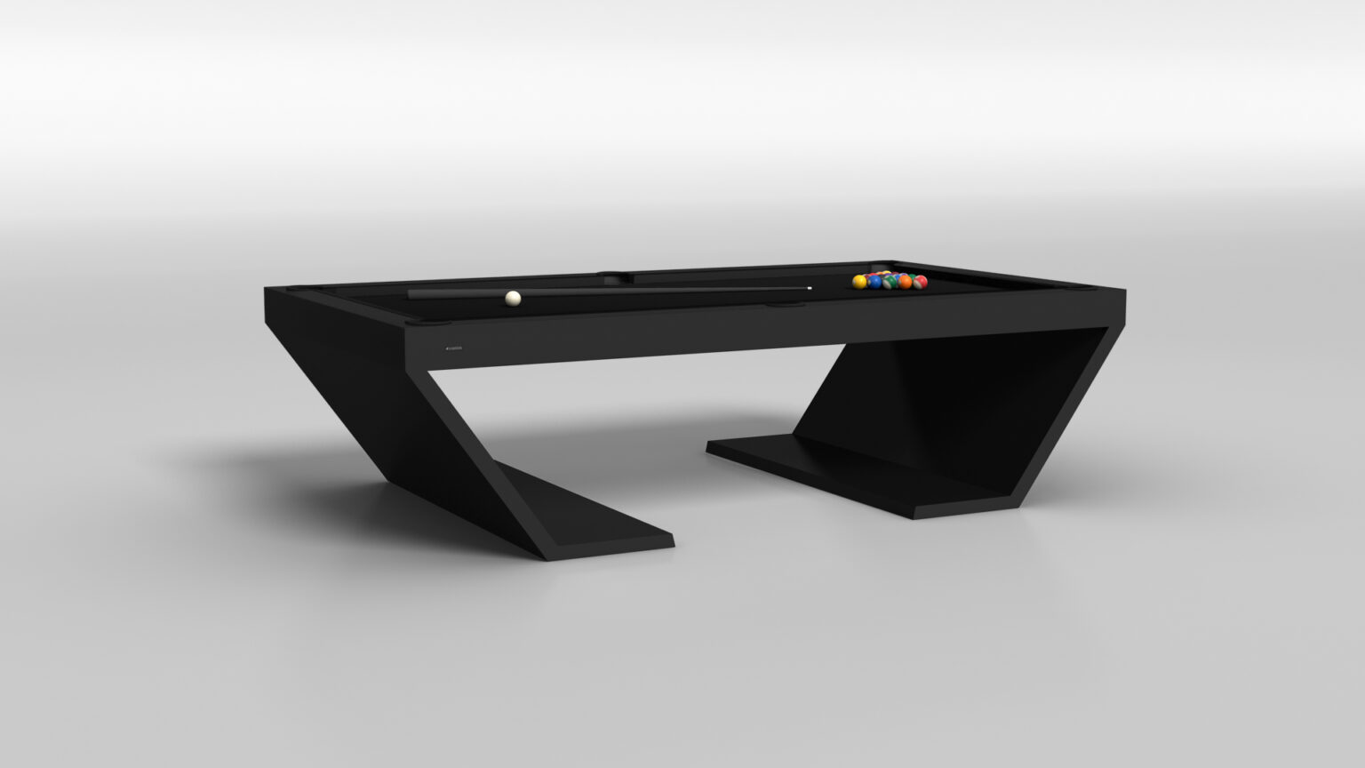 The Cabaret Pool Table - Quick Ship embodies luxury with its sleek, modern black design and minimalist aesthetic. Its unique angular base contrasts against a neutral backdrop, while pool balls and a cue stick rest elegantly atop the table.