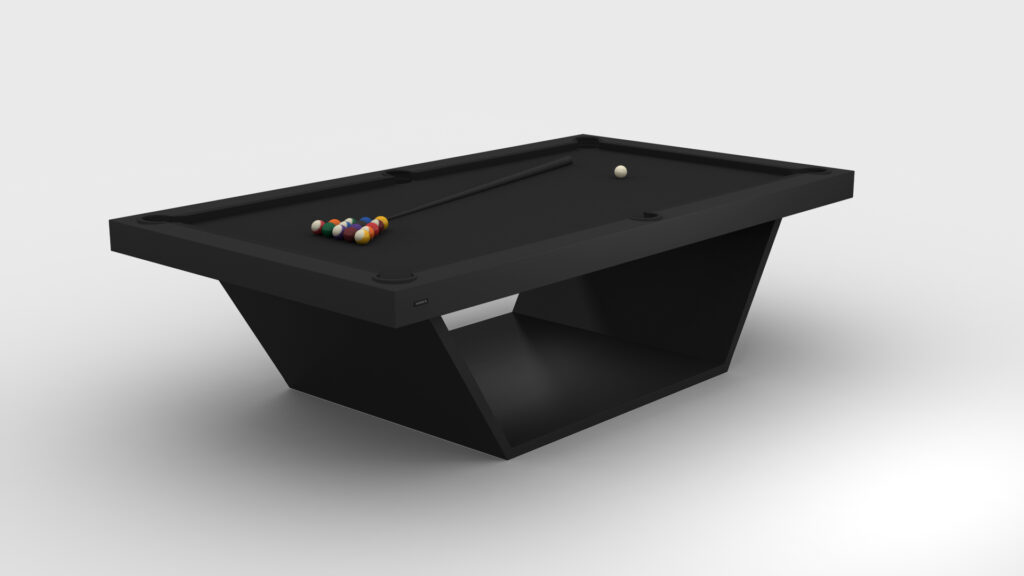 The Mesa Pool Table - Quick Ship embodies luxury in a modern black design, complete with a cue ball and racked billiard balls. Its unique angular base stands elegantly against a plain light gray background.