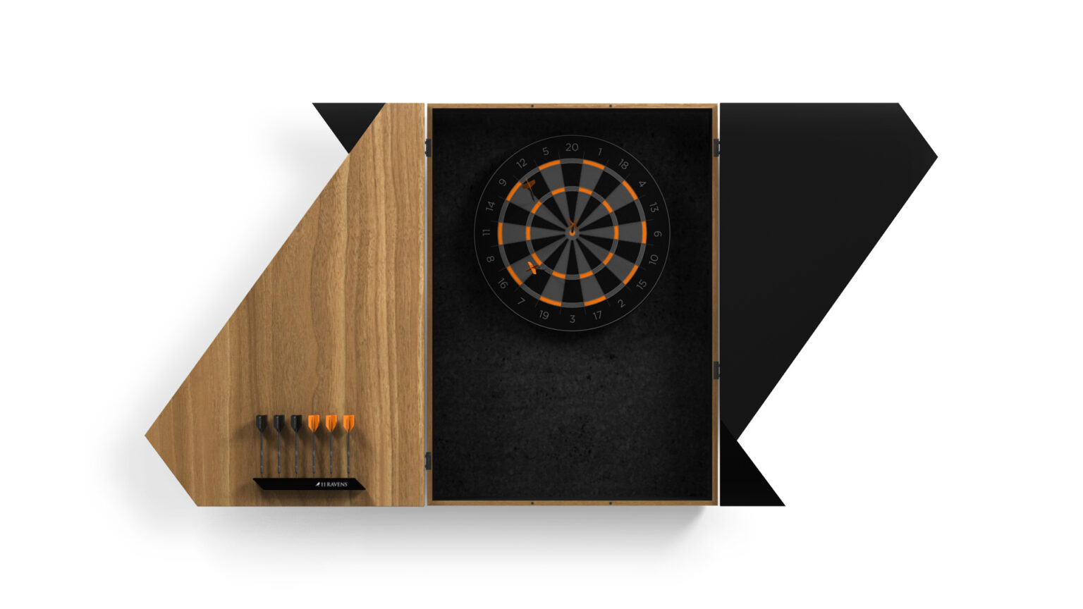 The Cardinal Dartboard - Quick Ship is a modern cabinet exuding luxury, with an angled geometric design. Its wooden left side holds darts, while the black right side features the dartboard in an orange and black color scheme against a white wall.