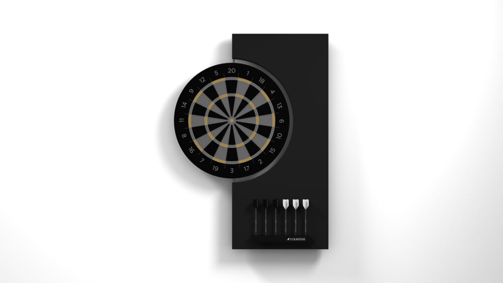 The Robin Dartboard - Quick Ship features a modern design on a sleek black board with darts neatly below, offering sophistication akin to luxury game tables. Its minimalist elegance is accentuated by the plain white background.