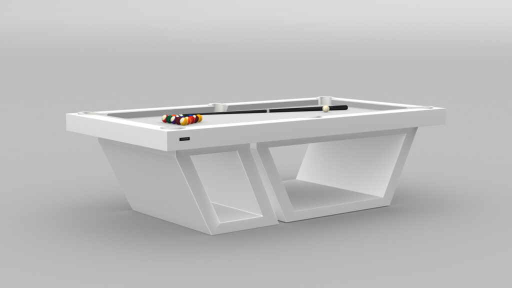 The Titan Pool Table - Quick Ship combines modern elegance and luxury, with a sleek white design and unique geometric base. Its pristine surface showcases triangle-arranged billiard balls and a cue stick, all set against a minimalist gray background for enhanced sophistication.