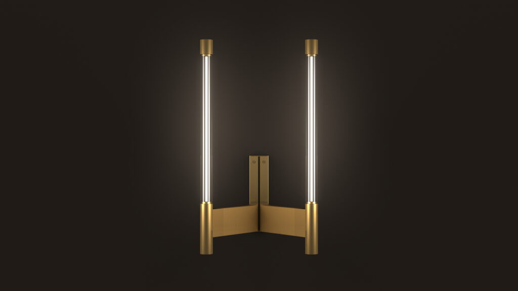 The Tré Sconce features two vertical LED tubes in a sleek, symmetrical design with a brushed gold finish. It emits a warm glow that perfectly complements luxury game tables against a dark backdrop.
