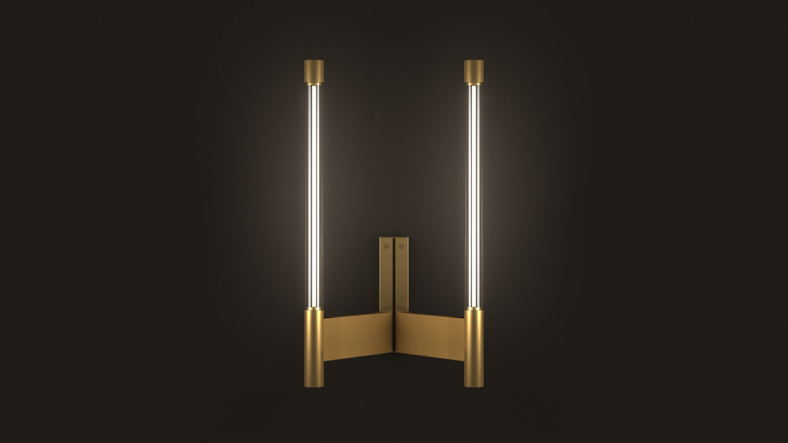 The Tré Sconce features two vertical LED tubes in a sleek, symmetrical design with a brushed gold finish. It emits a warm glow that perfectly complements luxury game tables against a dark backdrop.