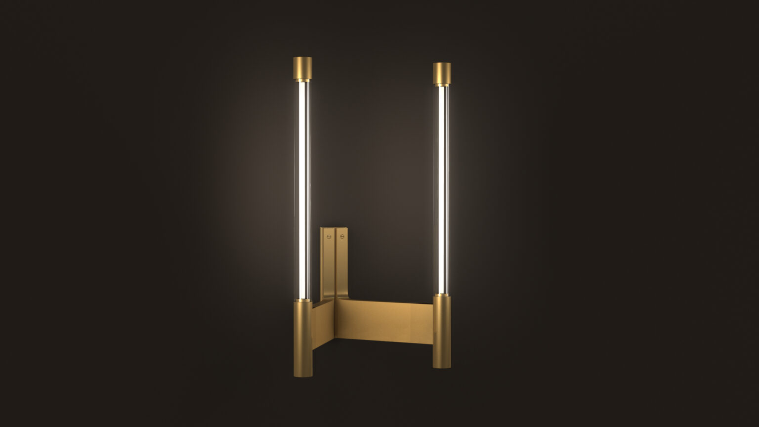 The Tré Sconce is a modern wall sconce with a sleek brass fixture featuring two vertical LED tubes, reminiscent of luxury game tables. It has a minimalist design with symmetrical, cylindrical metal ends enclosing the lights against a black background.