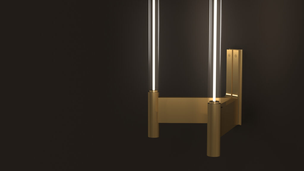 The gold Tré Sconce features a modern, sleek design with two vertical illuminated tubes against a dark backdrop, exuding luxury game table sophistication and highlighting the warm glow beautifully.
