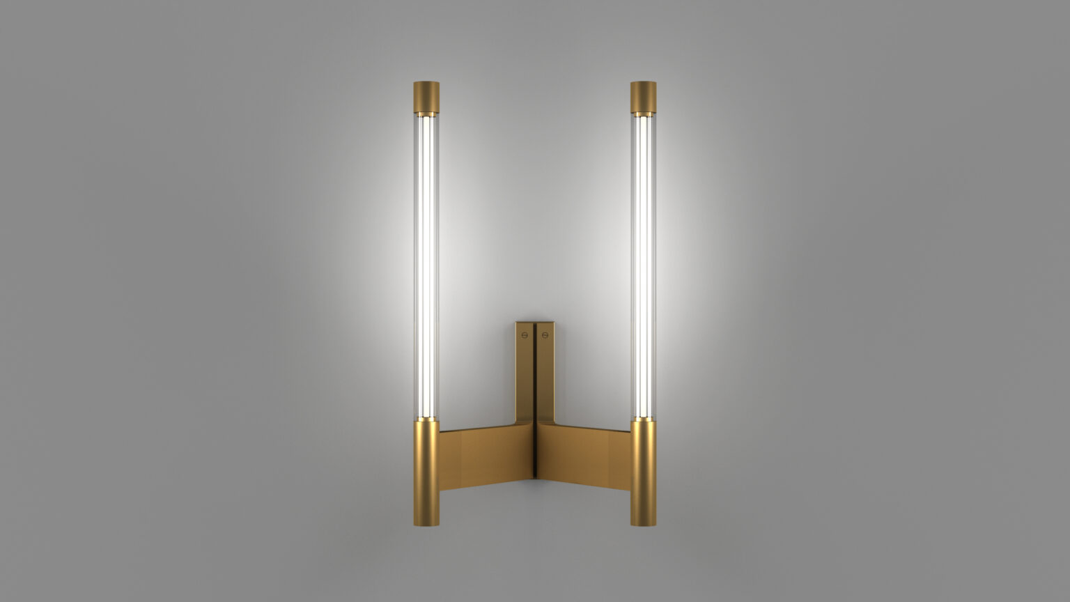 The Tré Sconce features dual vertical light tubes on a gold-toned metal base, casting a soft glow that enhances the elegance of luxury game tables against a simple gray backdrop.
