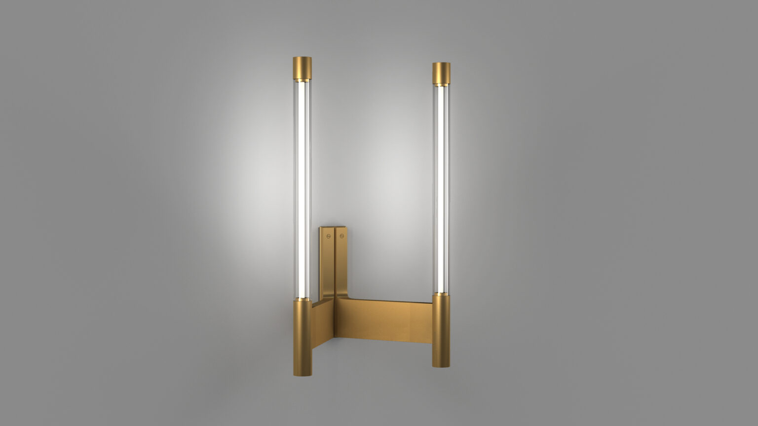 The Tré Sconce features two vertical, cylindrical LED lights set in a modern gold metallic frame against a neutral gray backdrop, offering an elegant touch reminiscent of luxury game tables.