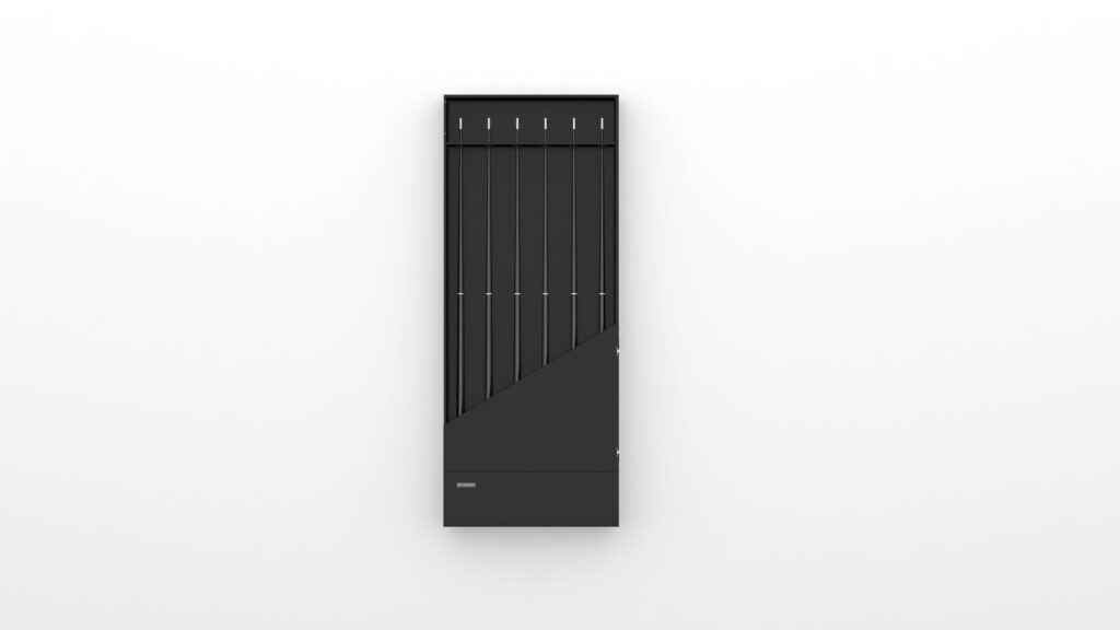 A tall, modern Arella Cue Rack - Quick Ship with a sleek black design mounted on a plain white wall features fine vertical grooves, a diagonal front panel, and a small mail slot at the top, reminiscent of luxury game tables.