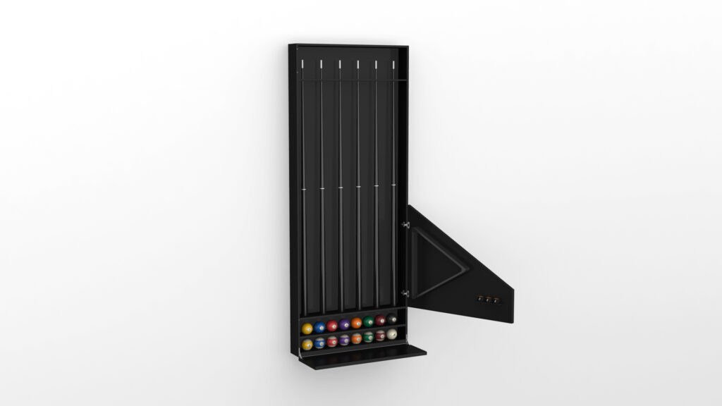 The Arella Cue Rack - Quick Ship, with its sleek black vertical design, stylishly complements luxury game tables. Balls fit neatly into slots beside a triangular rack. Set against a plain white background, it radiates contemporary sophistication.