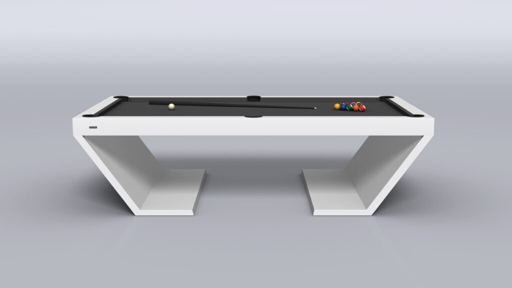 The Cabaret Pool Table - Quick Ship is a modern luxury pool table featuring a sleek white base and black felt surface with angular legs. It comes with a cue stick and billiard balls, epitomizing high-end game tables for stylish, minimalist interiors.