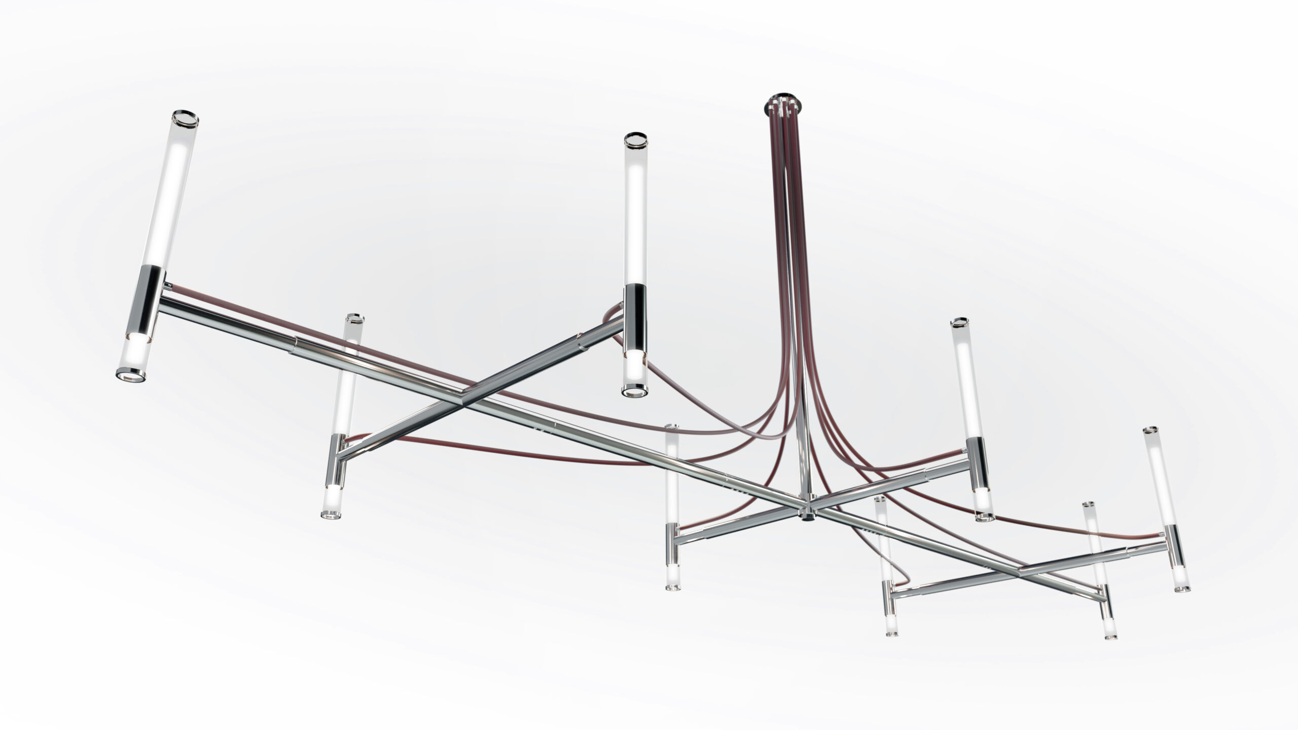A modern chandelier with a metallic frame, eight tubular LED lights, and maroon cables hangs elegantly above the Cena Dining Table on a white background.