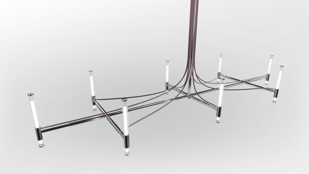 A modern chandelier with a geometric metal frame and vertical LED tube lights is suspended by brown wires above the Cena Dining Table, all set against a plain white background.