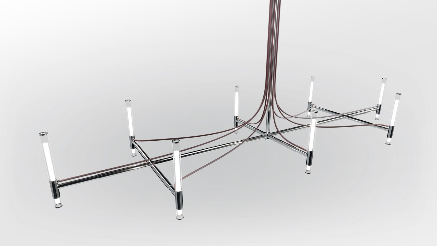 A modern chandelier with a geometric metal frame and vertical LED tube lights is suspended by brown wires above the Cena Dining Table, all set against a plain white background.