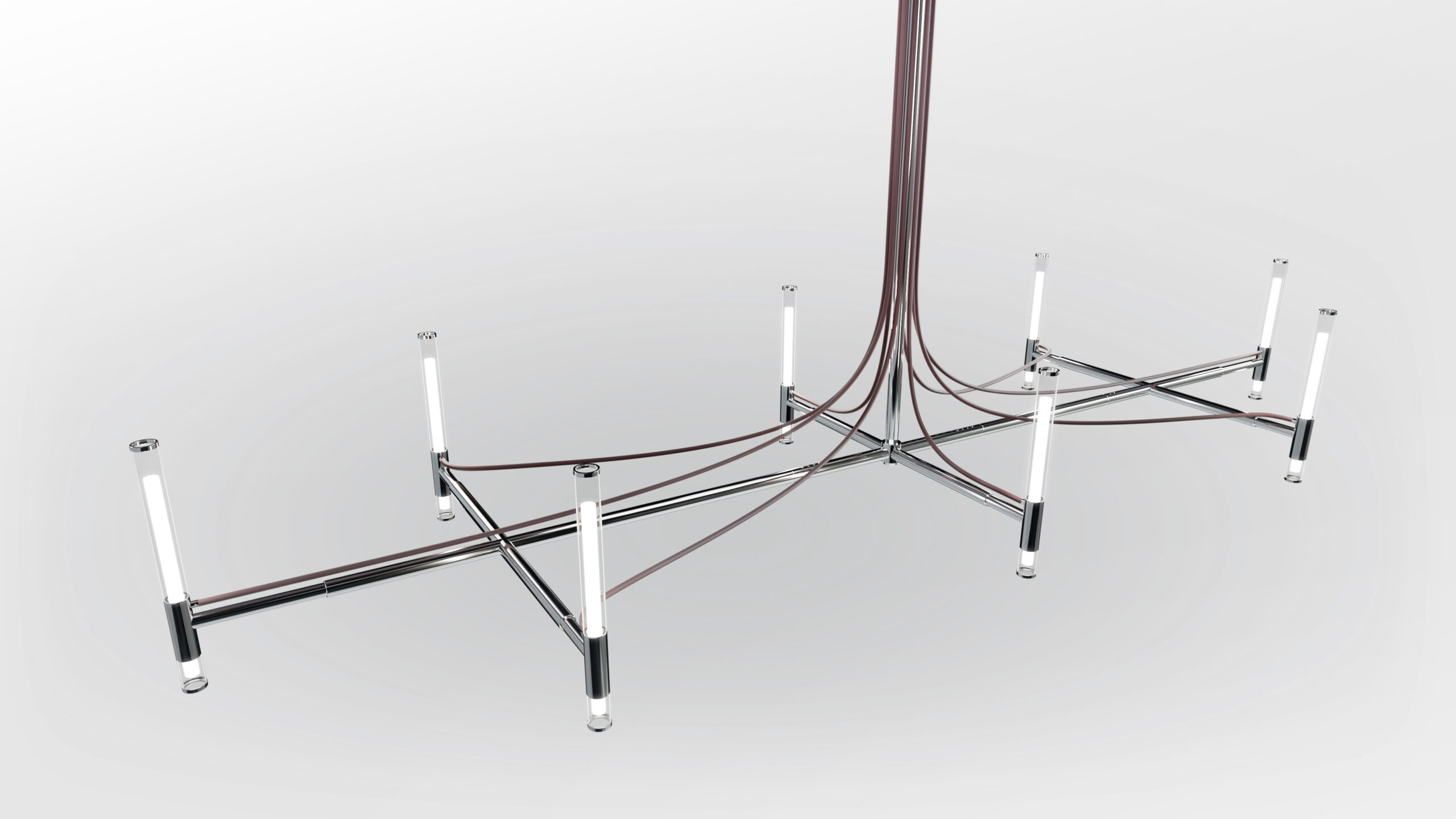 A modern chandelier with a geometric metal frame and vertical LED tube lights is suspended by brown wires above the Cena Dining Table, all set against a plain white background.