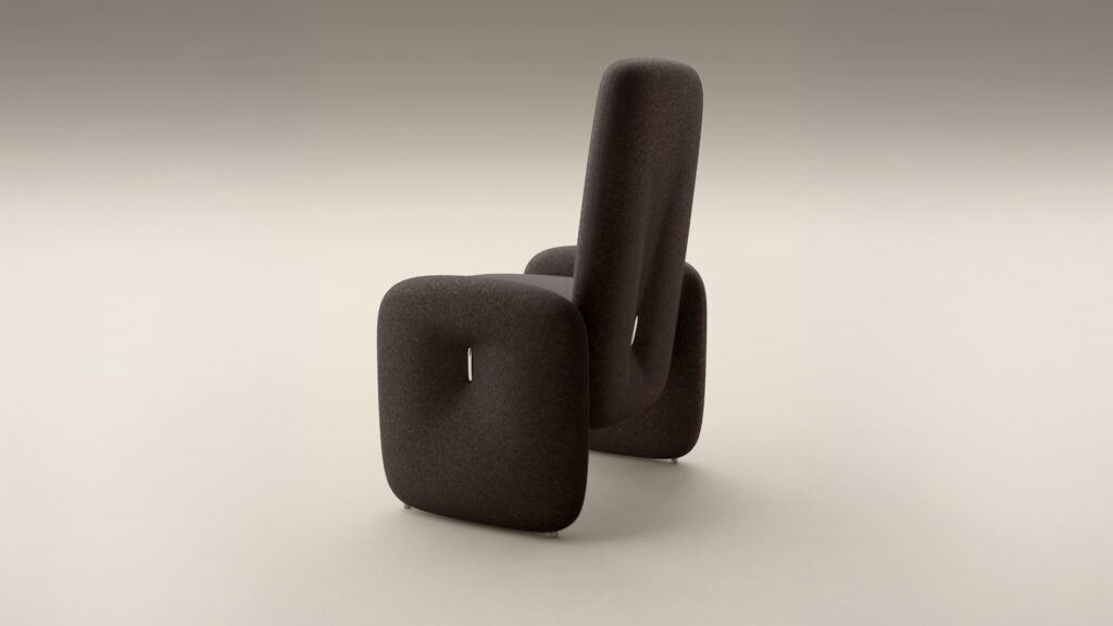 A modern minimalist chair with a tall backrest, rounded square edges, and dark fabric upholstery features cut-out slots and pairs perfectly with the Cena Dining Table for a sleek, stylish dining setup.