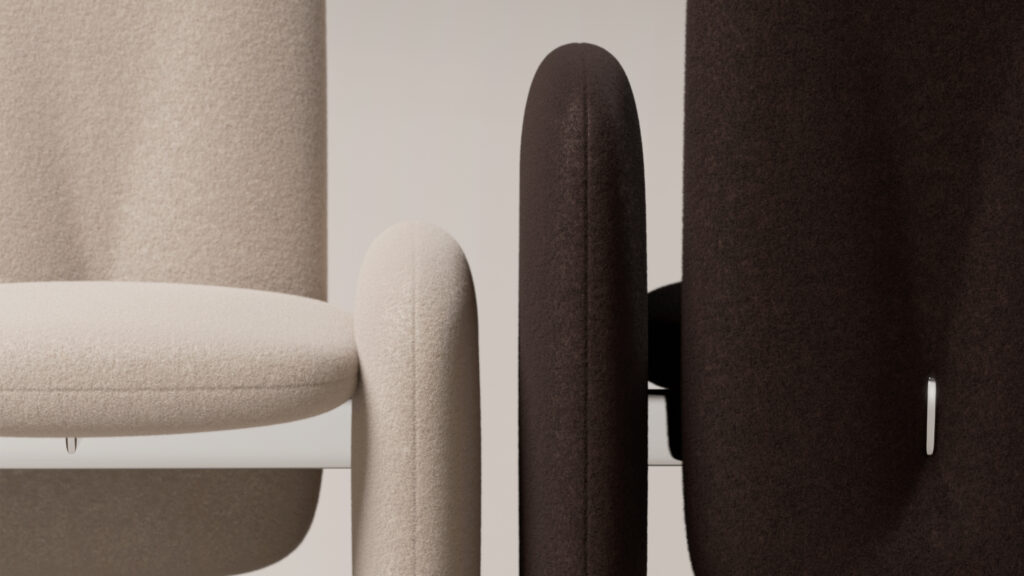 Close-up of two modern upholstered chairs—one light beige, one dark brown—with rounded, cushioned backs and seats, beautifully paired with the Cena Dining Table against a neutral backdrop.