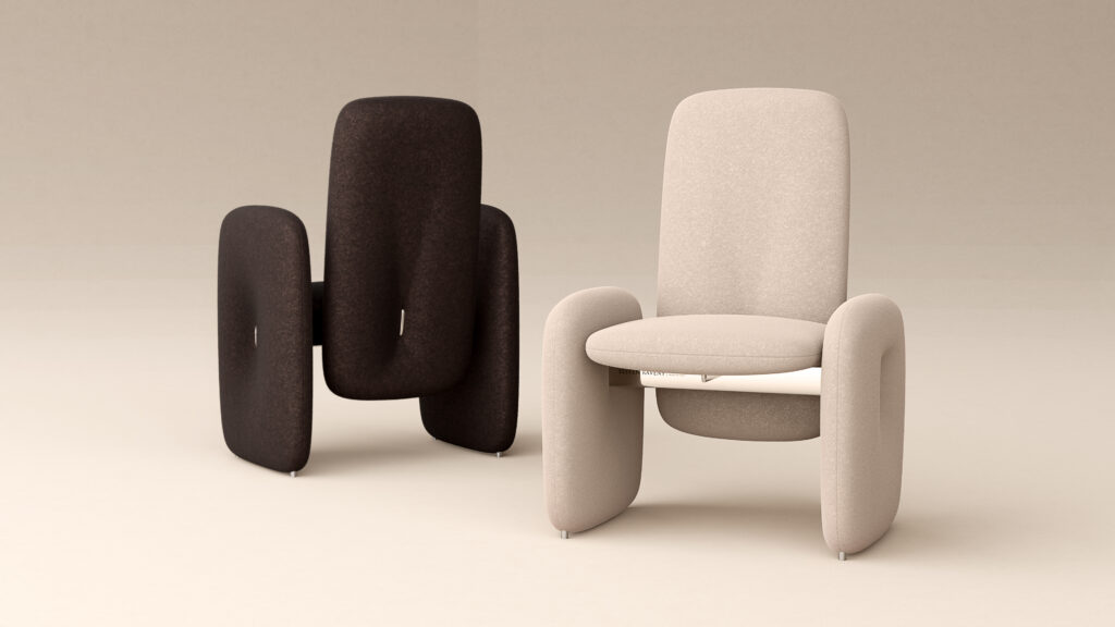 Two contemporary armchairs, one dark brown and one light beige, with thick rounded cushions and artistic minimalist designs, are placed next to the Cena Dining Table against a neutral background.