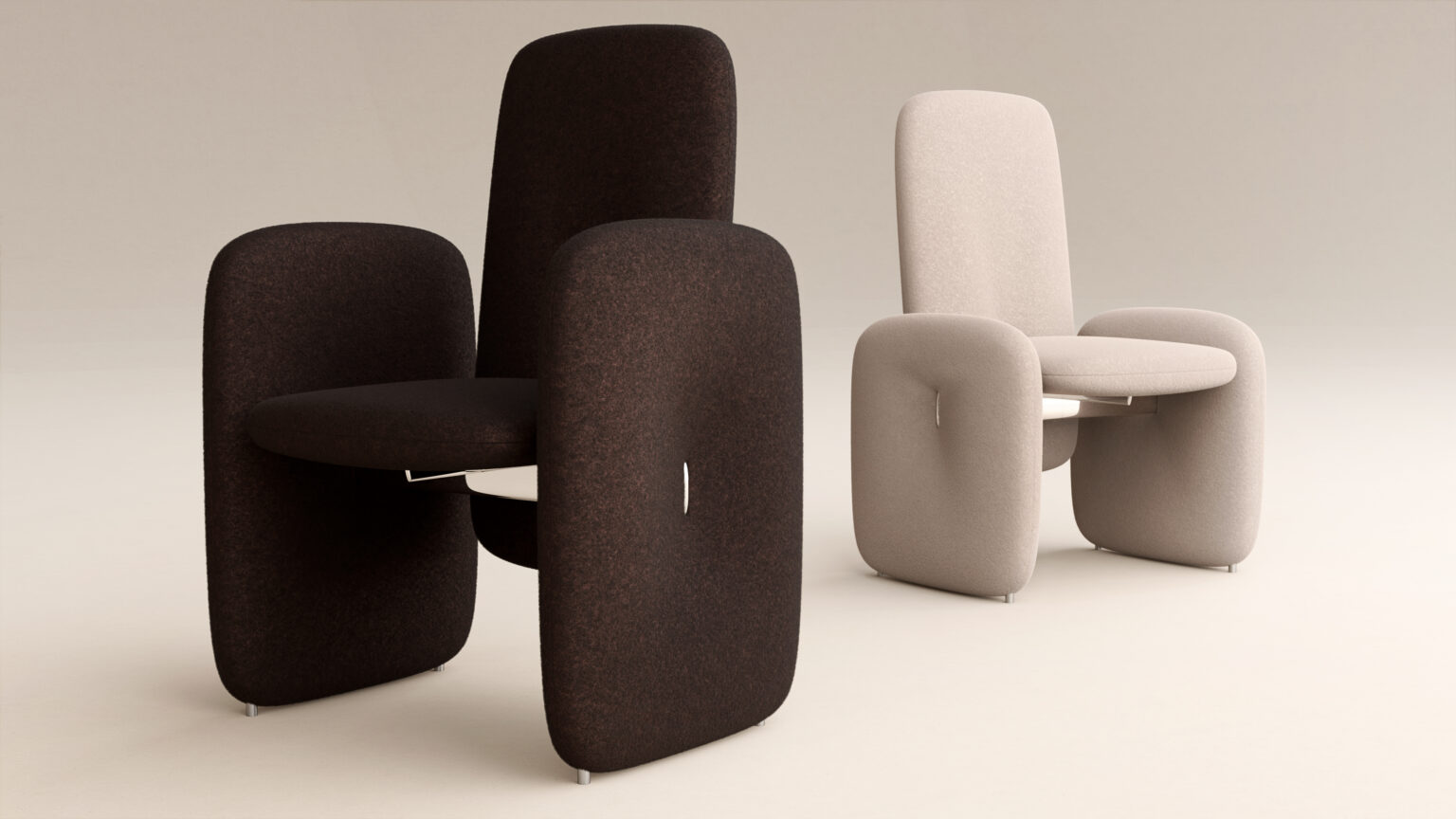 Two minimalist armchairs—one dark brown, one light beige—with thick, rounded cushions and smooth upholstery sit beside a Cena Dining Table against a neutral background.