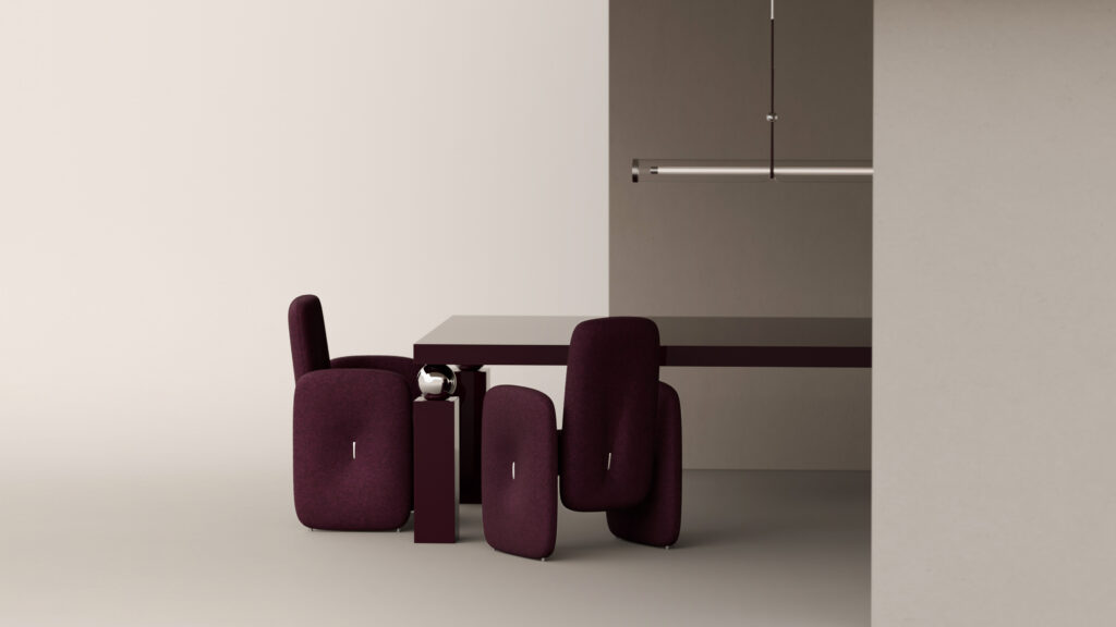 A minimalist room showcases the Cena Dining Table in maroon, matched with four modern maroon chairs and a sleek overhead light. Soft neutral walls and floors complete this clean, contemporary look.
