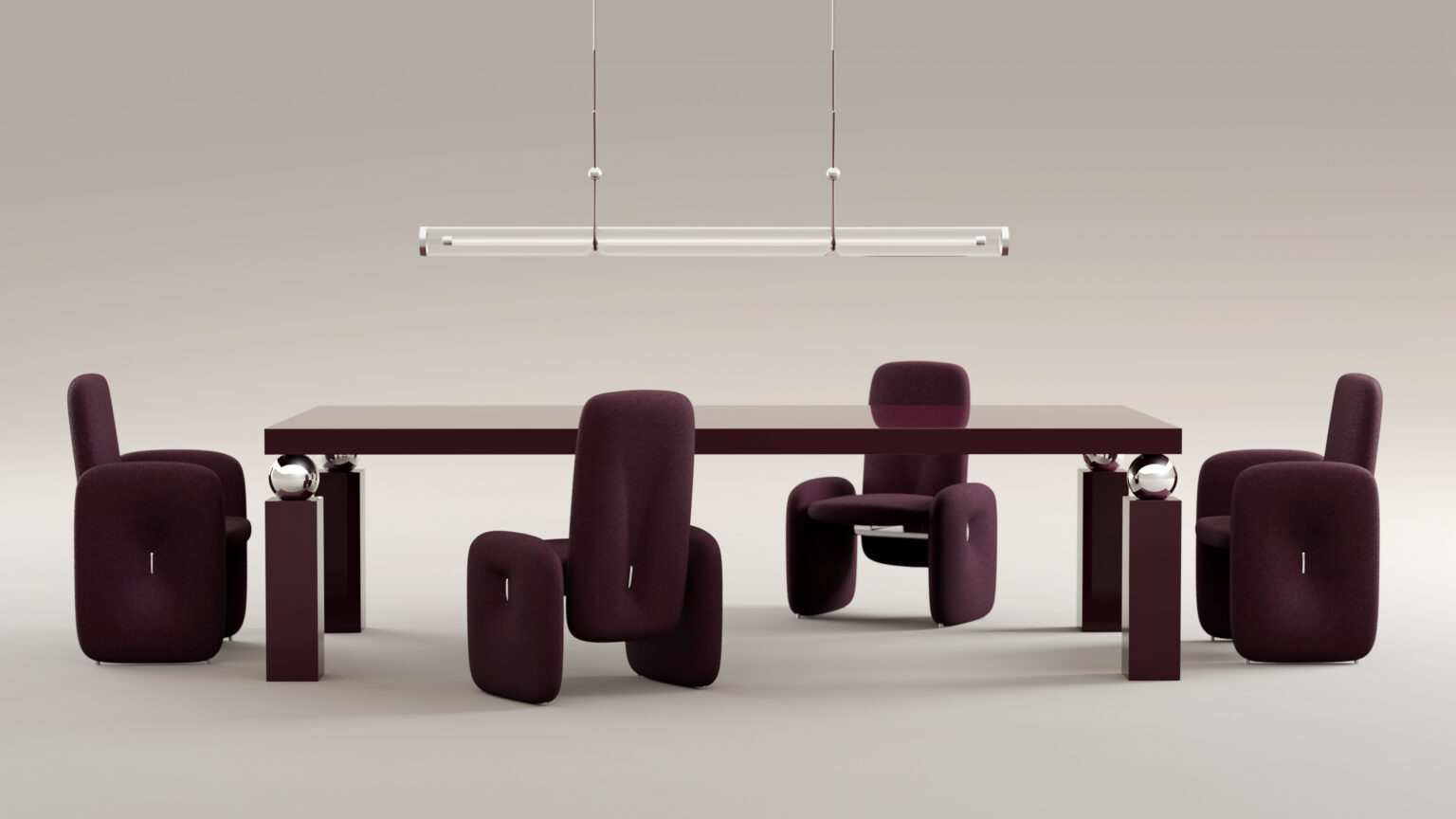 The Cena Dining Table features a glossy burgundy surface paired with four cushioned chairs. A minimalist, horizontal pendant light hangs above, while a plain, neutral beige backdrop enhances its modern appeal.