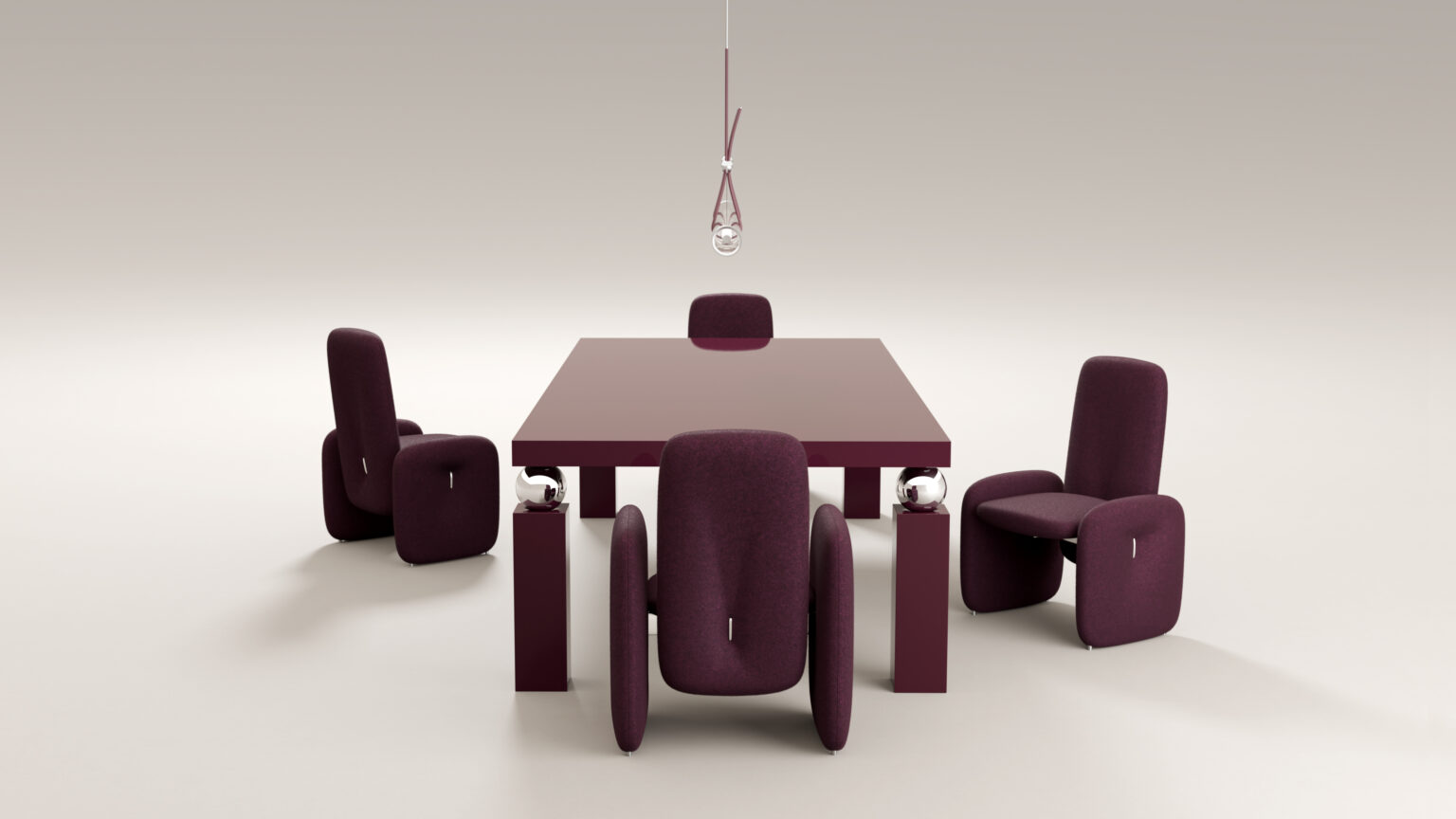 A minimalist Cena Dining Table set featuring a rectangular maroon table and four matching cushioned chairs, one with large circular sides, under a modern pendant light, set against a plain background.