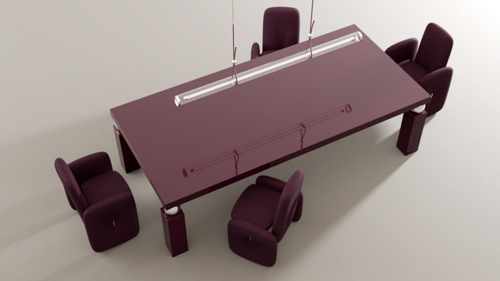 A Cena Dining Table featuring a glossy maroon top, paired with four cushioned chairs, is arranged beneath a modern suspended linear light fixture.