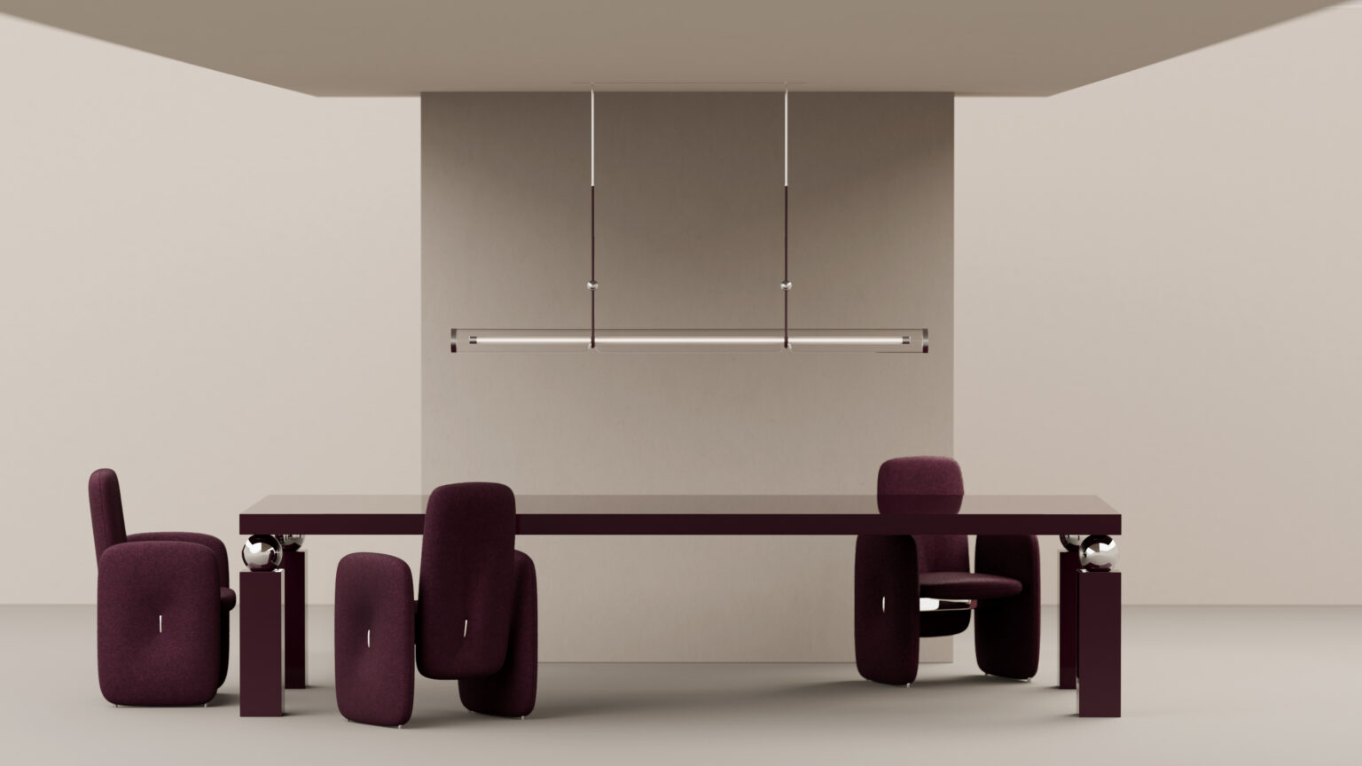 A minimalist dining room features the Cena Dining Table in burgundy with four matching modern chairs and a linear pendant light. Neutral beige walls accentuate the simple, contemporary style.