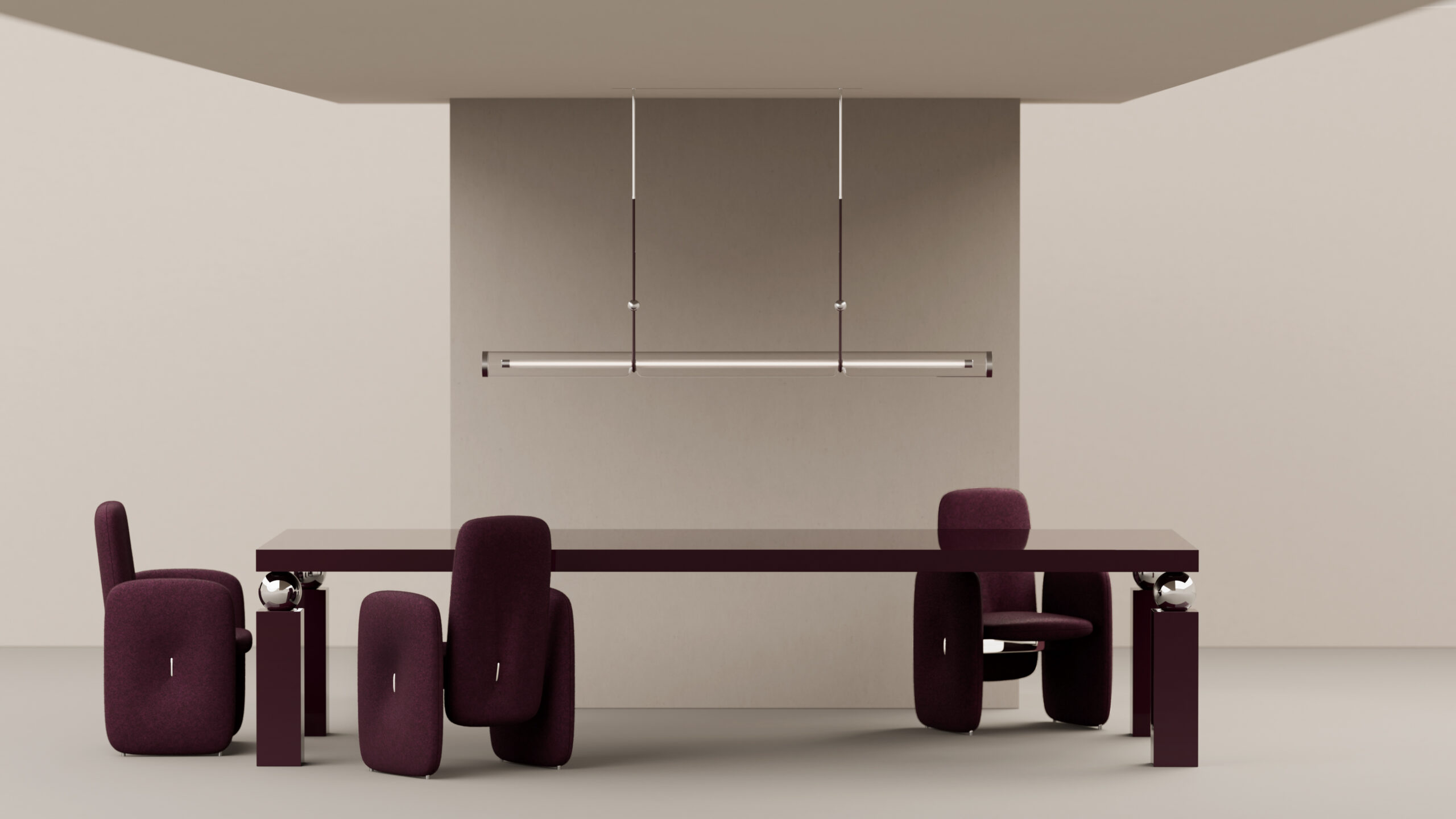 A minimalist dining room features the Cena Dining Table in burgundy with four matching modern chairs and a linear pendant light. Neutral beige walls accentuate the simple, contemporary style.