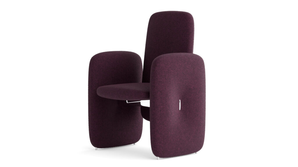 A modern chair with thick, rounded cushions and armrests in dark purple fabric features a unique geometric design and minimalist metal frame—an ideal match with the Cena Dining Table for a stylish, contemporary space.
