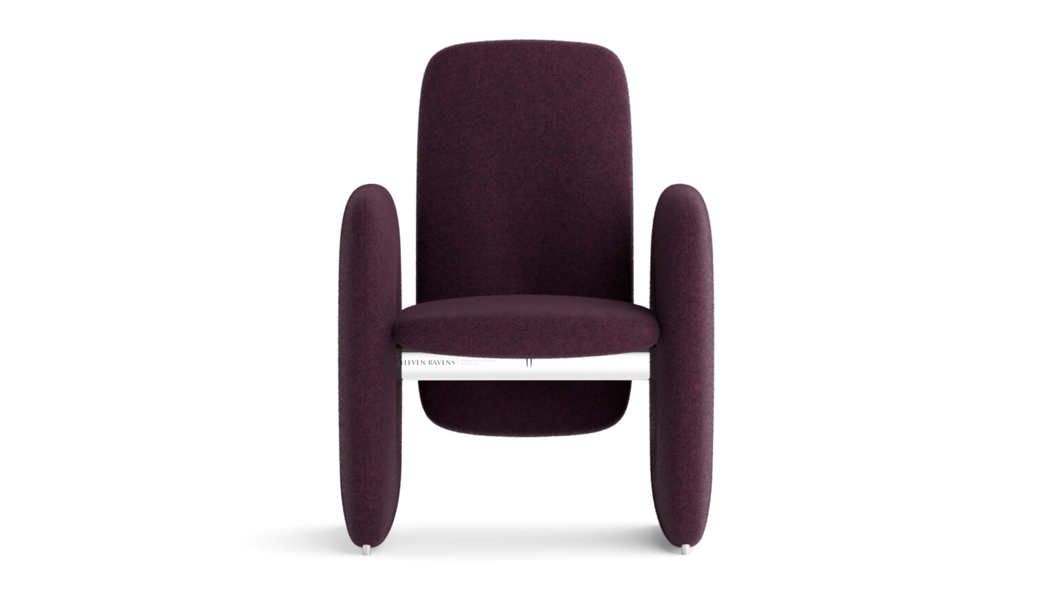 A modern chair with deep purple upholstery, a high rectangular backrest, rounded cylindrical armrests, and a simple white metal support pairs beautifully with the minimalist Cena Dining Table.