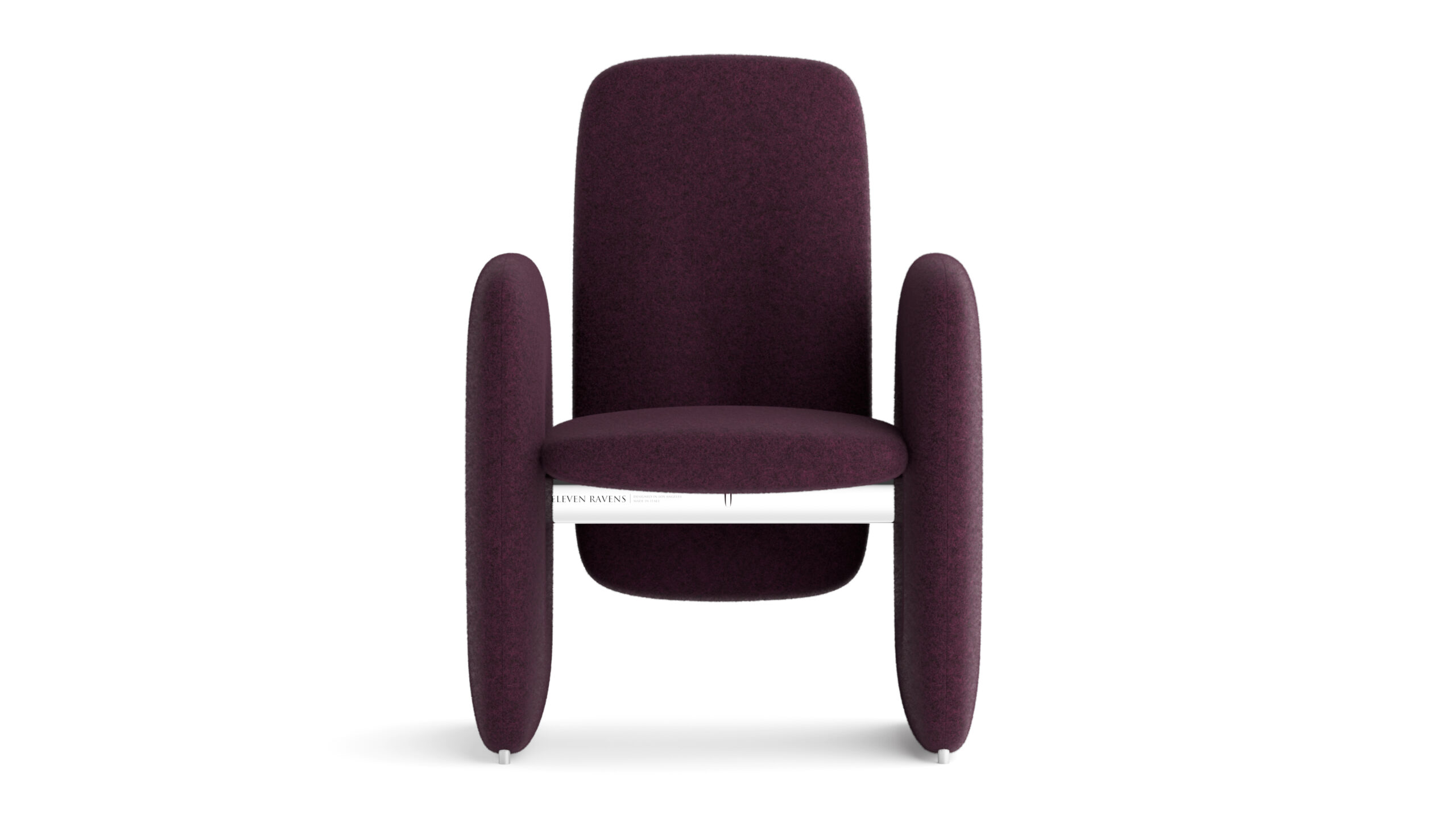 A modern chair with deep purple upholstery, a high rectangular backrest, rounded cylindrical armrests, and a simple white metal support pairs beautifully with the minimalist Cena Dining Table.