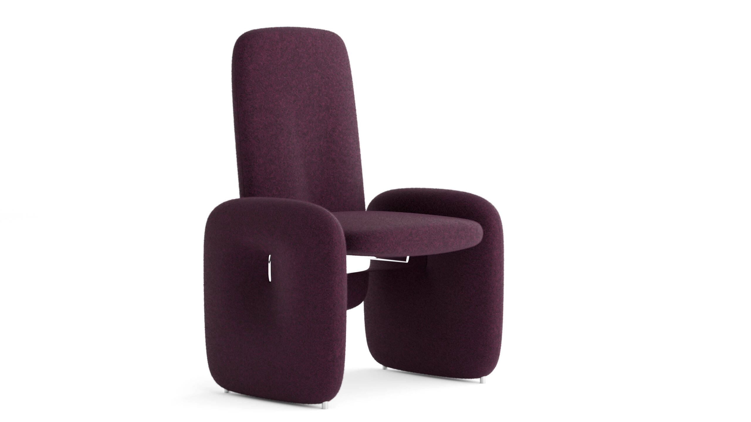The Cena Dining Table pairs perfectly with a modern armchair upholstered in deep purple, featuring a tall rectangular backrest and wide curved armrests, for a stylish, minimalist look.