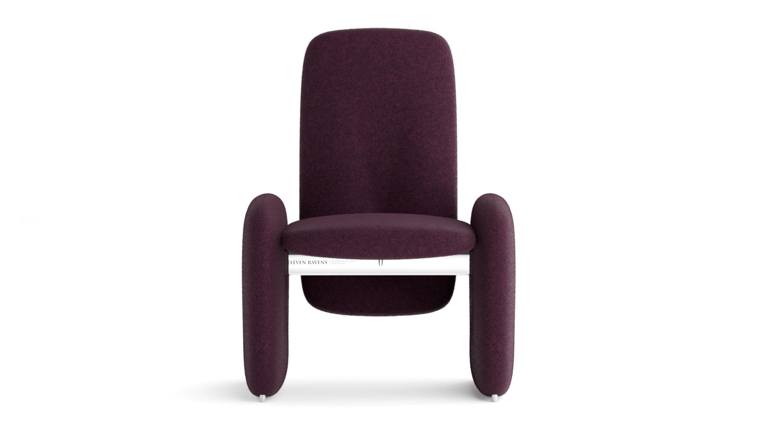 A modern chair with a tall rectangular backrest, cylindrical arms and legs, and dark purple upholstery features a minimalist design that pairs perfectly with the Cena Dining Table’s white horizontal support bar.