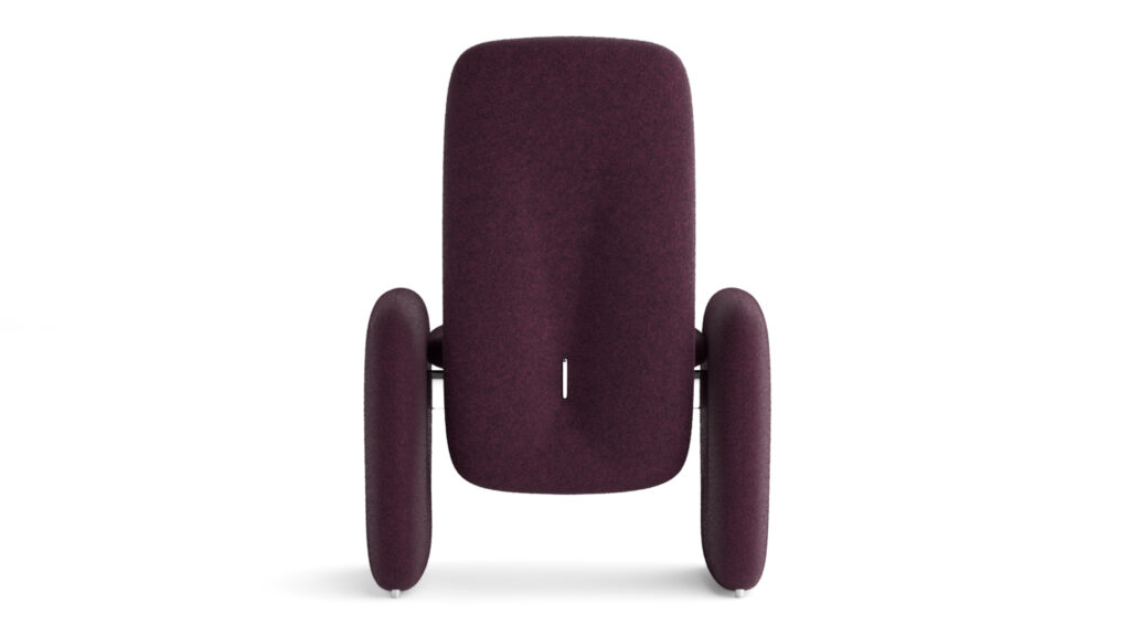 A modern chair with a tall, rounded rectangular backrest and seat, upholstered in dark purple fabric. Pair it with the Cena Dining Table for a unique, minimalist look and bold style.