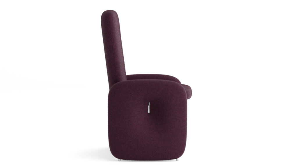 Side view of a modern, deep purple armchair with a high back and rounded edges, stylishly paired with the Cena Dining Table against a plain white background.