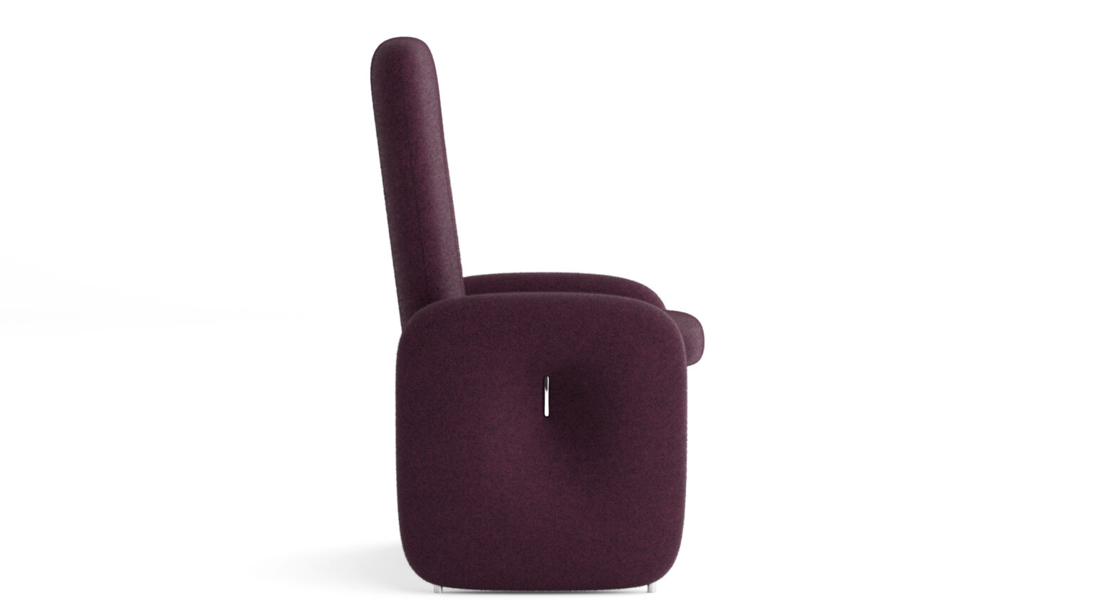 Side view of a modern, deep purple armchair with a high back and rounded edges, stylishly paired with the Cena Dining Table against a plain white background.