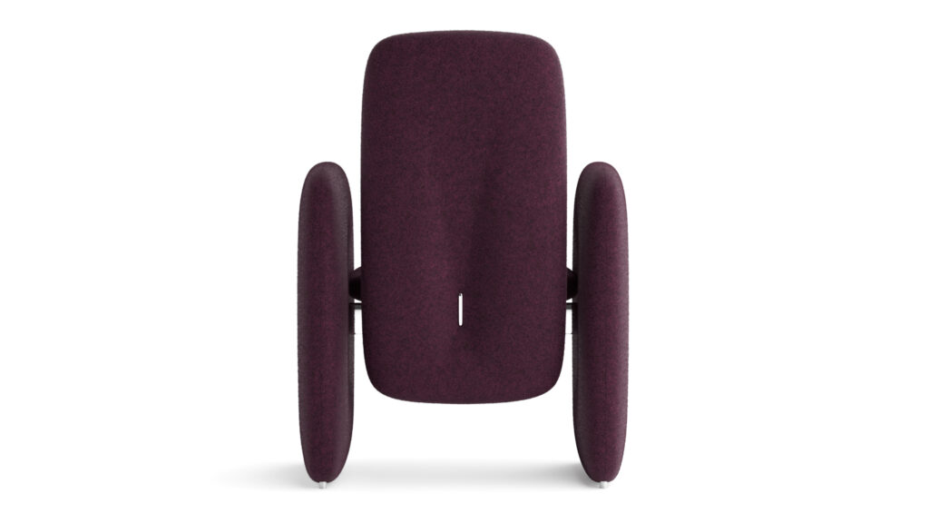 A tall-back chair with large, rounded armrests in deep purple fabric is placed in front of a Cena Dining Table, viewed from the front against a white background.