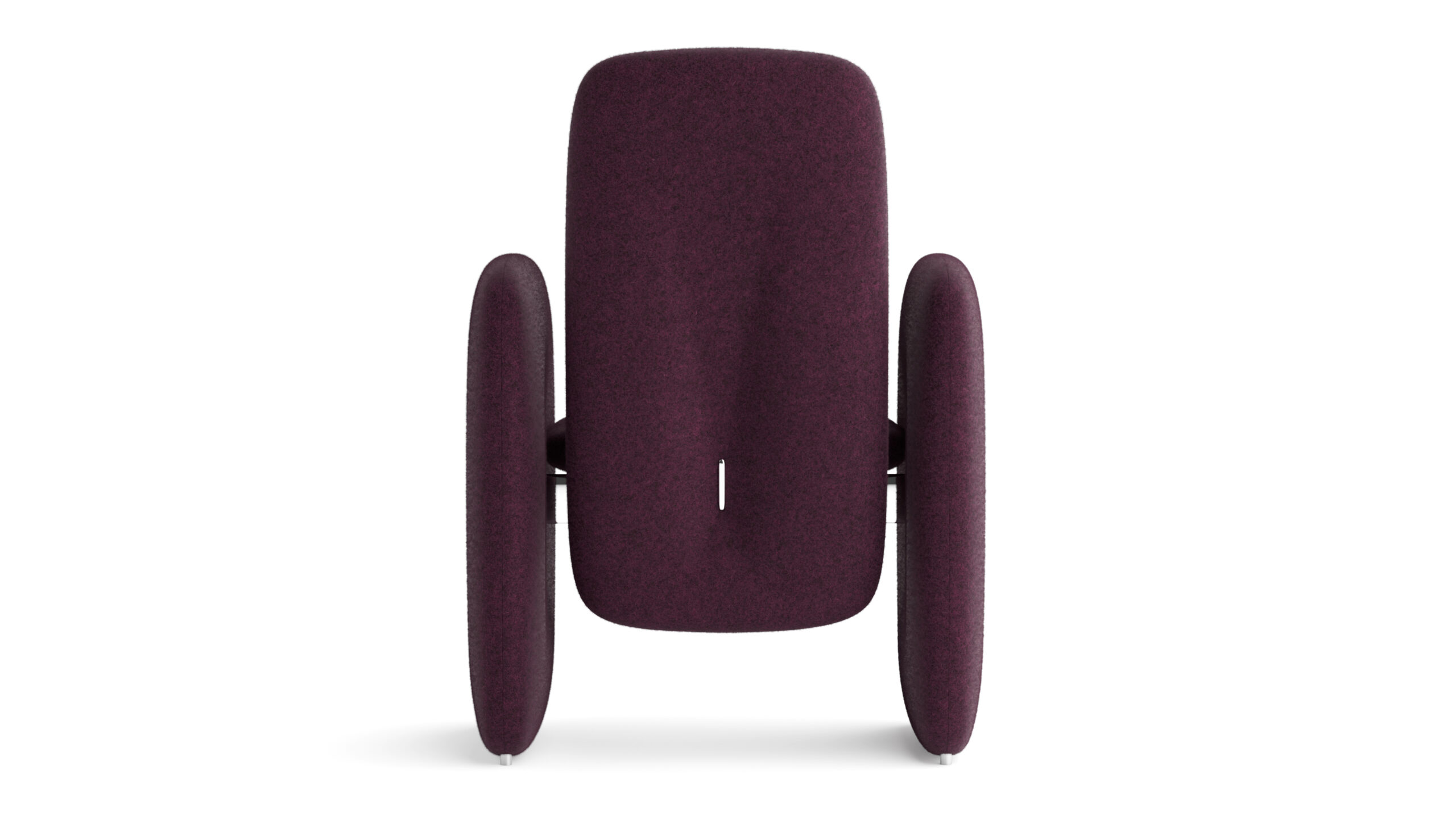 A tall-back chair with large, rounded armrests in deep purple fabric is placed in front of a Cena Dining Table, viewed from the front against a white background.